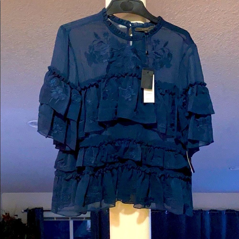 Sheer Embriodered Ruffled blouse with stitching detail